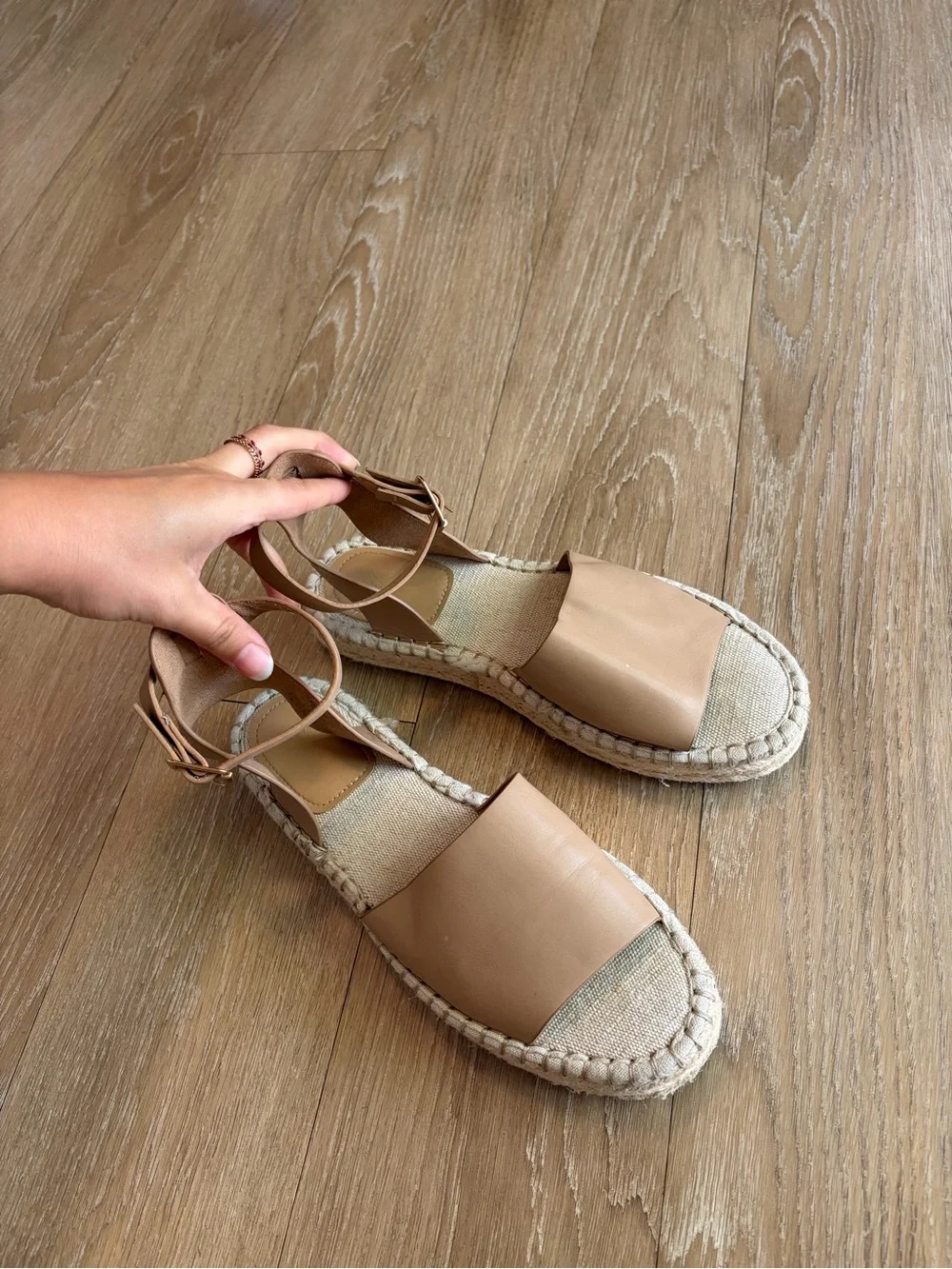 H&M Beige Leather Espadrille Sandals w/ Ankle Buckle